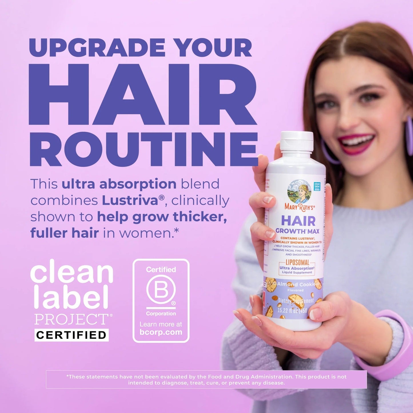 MaryRuth's Hair Growth Max Liposomal for Women | Lustriva® + Biotin 10000mcg + Pumpkin Seed Oil | Thicker Hair | Hair Care | Wrinkles, Fine Lines, Skin Care | Ages 18+ | CLP Certified | 15.22 Fl Oz