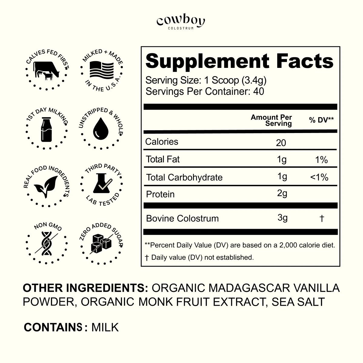 Cowboy - The Exclusive 1st Milking, Whole, Grass Fed Colostrum Supplement for Full Body Health - Bovine Colostrum Powder Packed w/Bioactive Nutrients - Sugar Free (Vanilla, 40 Servings)