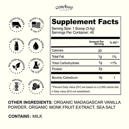 Cowboy - The Exclusive 1st Milking, Whole, Grass Fed Colostrum Supplement for Full Body Health - Bovine Colostrum Powder Packed w/Bioactive Nutrients - Sugar Free (Vanilla, 40 Servings)